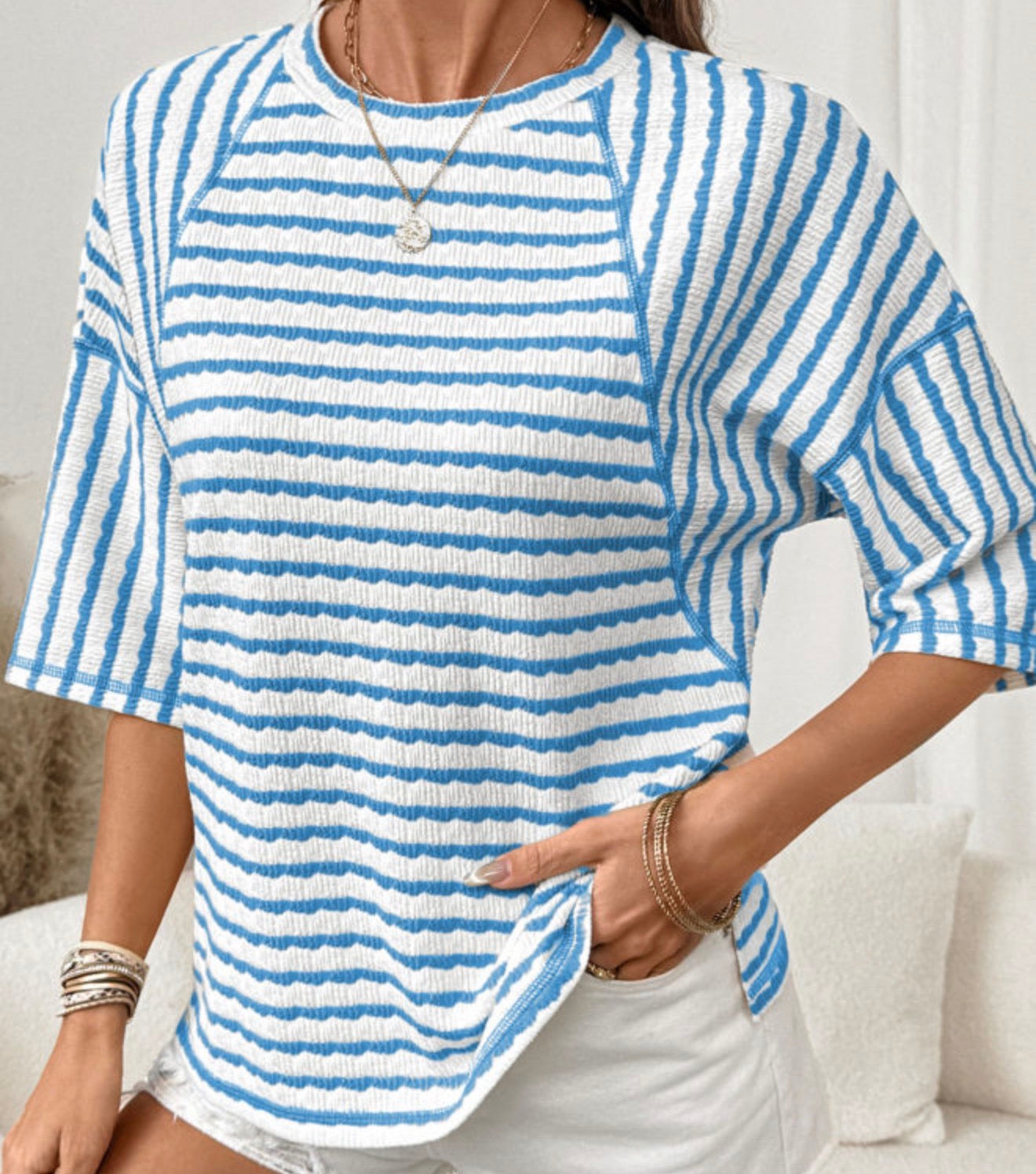 Elbow Length Textured Striped Top