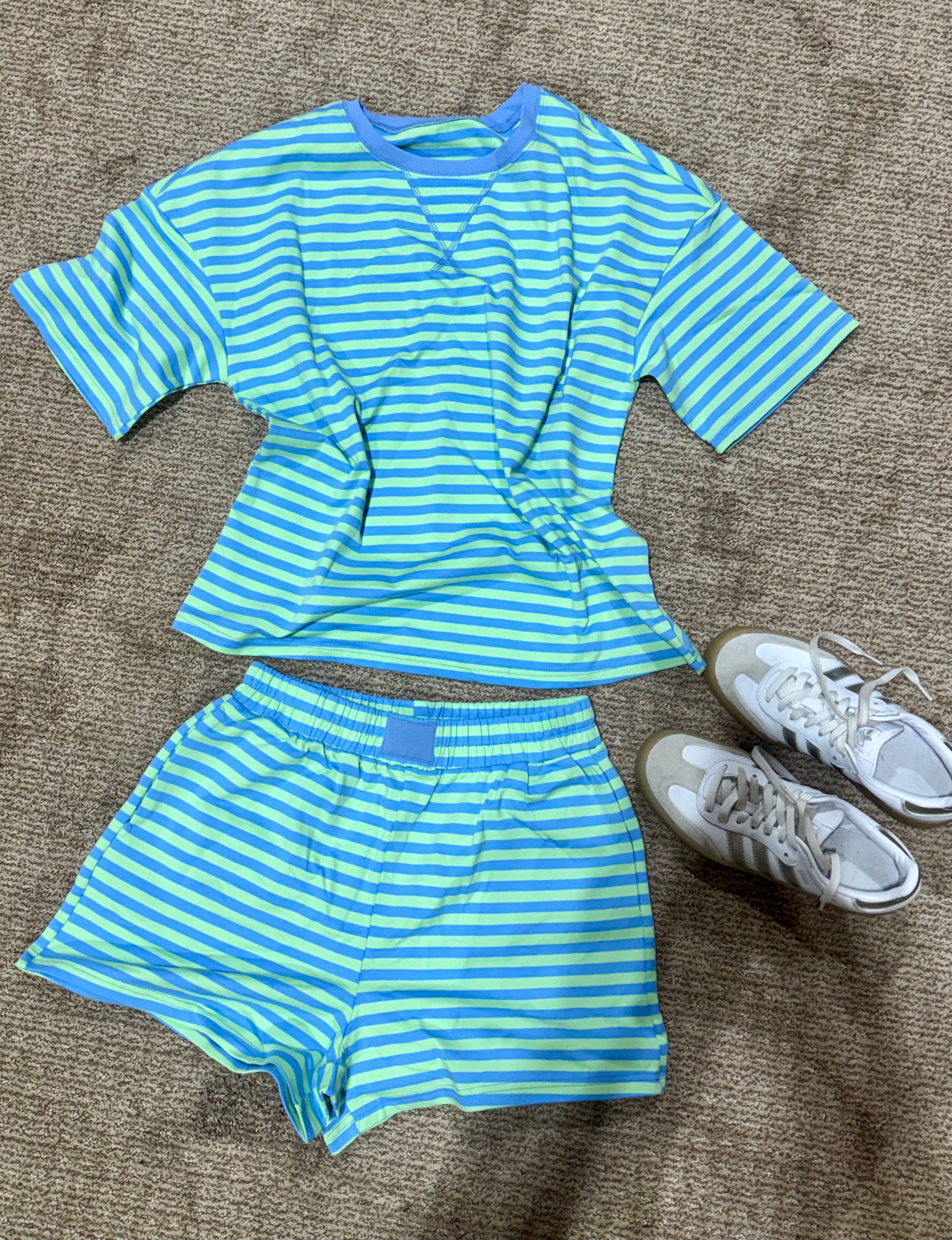 Blue/Green Striped Short Set
