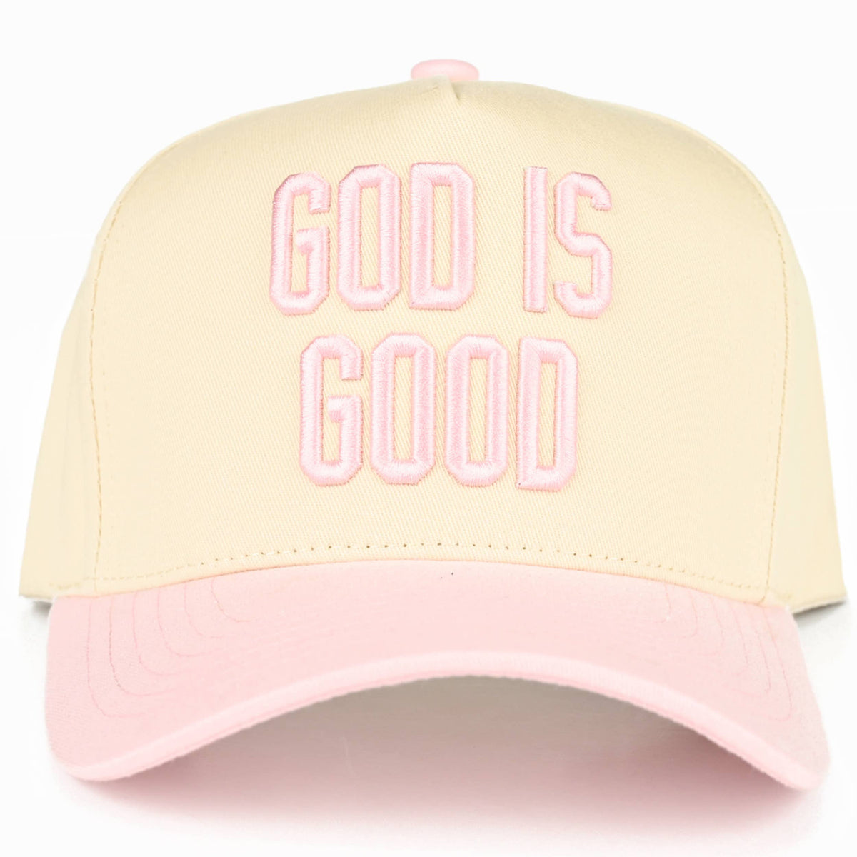 C.C GOD IS GOOD Embroidered Letter Two Tone Trucker Hat: Light Pink