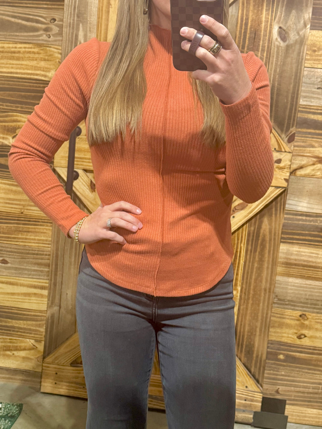 Orange Ribbed/Seam Detail Top