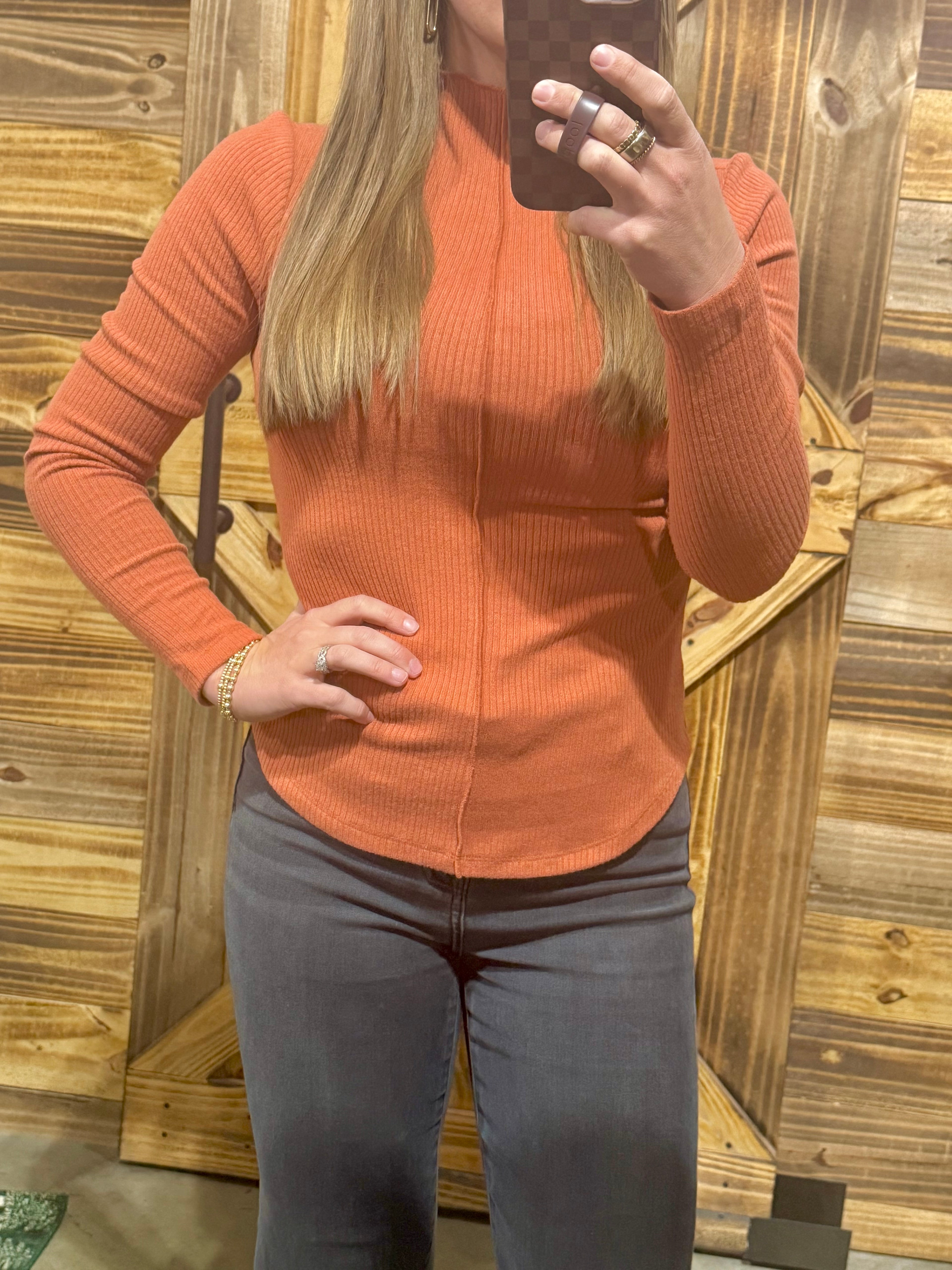 Orange Ribbed/Seam Detail Top