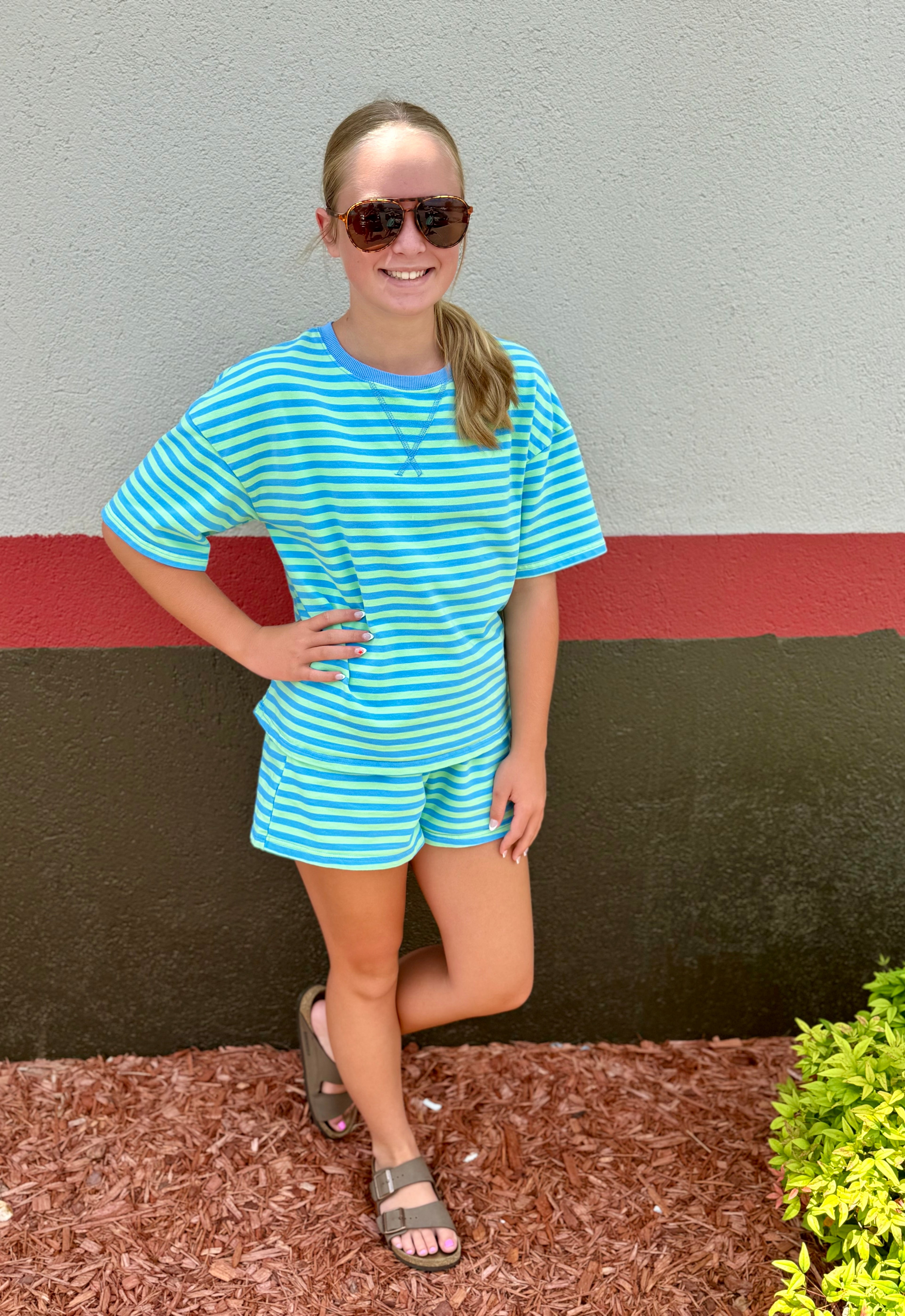 Blue/Green Striped Short Set