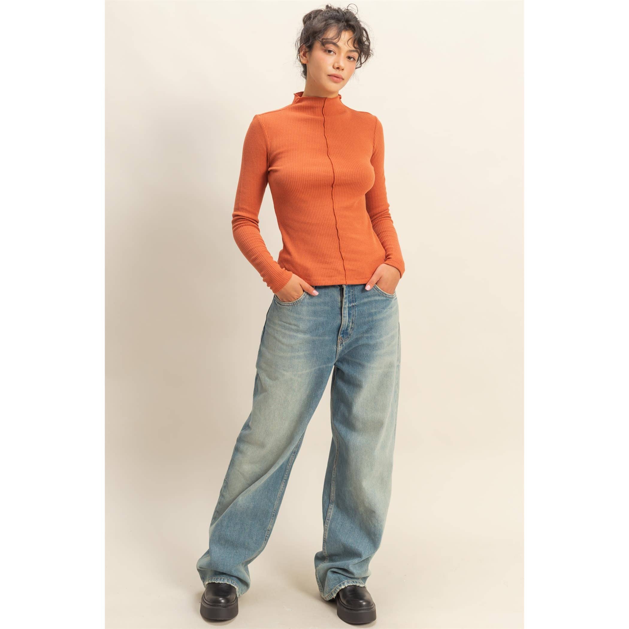 Orange Ribbed/Seam Detail Top