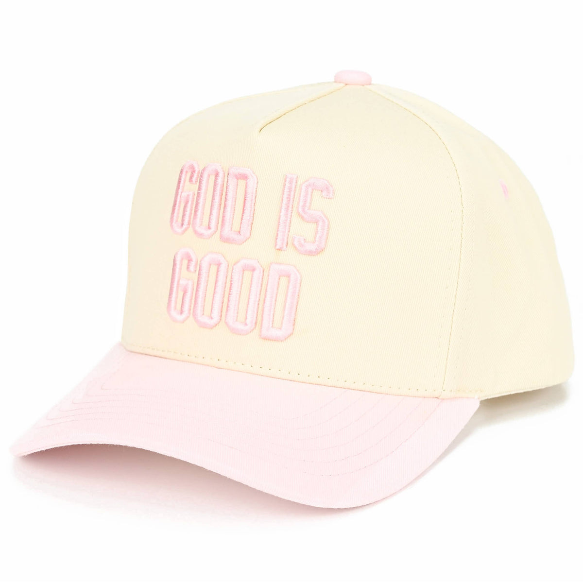 C.C GOD IS GOOD Embroidered Letter Two Tone Trucker Hat: Light Pink